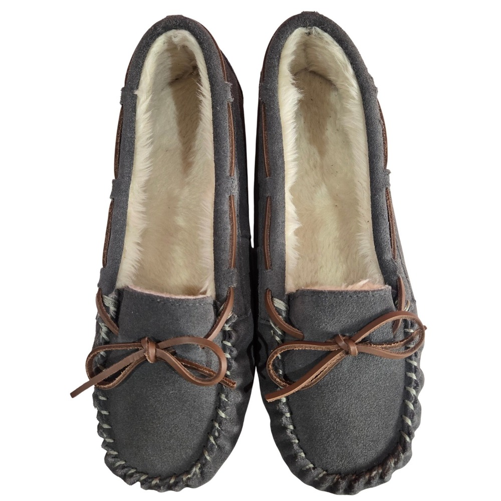 Pedoqu Womens Moccasin Slippers Gray Faux Suede Faux Fur Lined Size 11